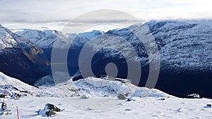 Skylift in snow on Mount Hoven in Loen in Vestland in Norway