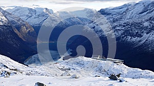 Skylift in snow on Mount Hoven in Loen in Vestland in Norway