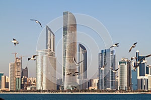 Skyline of Abu Dhabi with sea gulls, United Arab Emirat