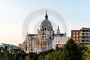 Almudena Cathedral of Madrid. Skyline at sunset
