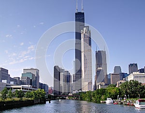 Skyline along the Chicago River, Illinois, IL