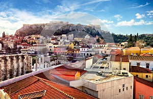Skyline of Athens with Moanstiraki square and Acropolis hill, Athens Greece