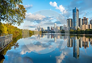 skyline of Austin with reflection in river in early morning