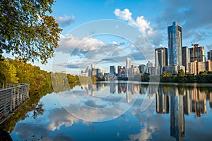 skyline of Austin with reflection in river in early morning
