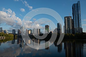 skyline of Austin with reflection in river in early morning