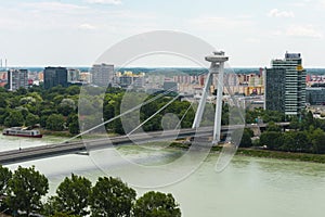 Skyline of Bratislava and Most SNP Slovak National Uprising or UFO Bridge, road bridge over the Danube