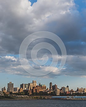 Skyline of Brooklyn at dusk, viewed from Manhattan, New York, USA