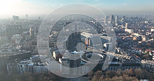 Skyline of Brussels, Belgium. Europe. Urban city overhead aerial drone view. Infrastructure, office buildings, real