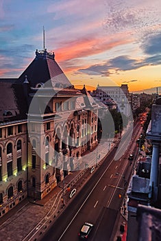 Skyline of Bucharest at sunset with view over the mayor's house