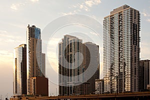 Skyline of buildings at Chicago river shore, Chicago