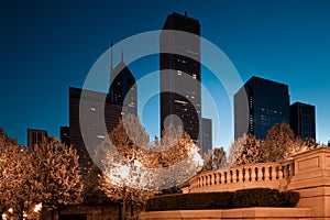 Skyline of buildings in michigan avenue at early dawn, Chicago