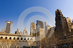 Skyline of buildings at midtown Manhattan from Bryant Park in New York City