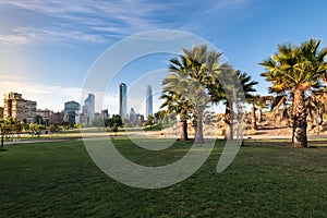 Skyline of buildings at Vitacura and Providencia districts from Parque Bicentenario, Santiago photo