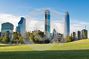 Skyline of buildings at Vitacura and Providencia districts from Parque Bicentenario, Santiago photo