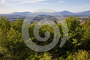 Skyline of Burlington and Mount Vernon in Washington. View from Little Mountain Park during Summer