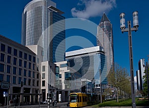 Skyline of business buildings and Trade Fair Tower in Frankfurt, Germany