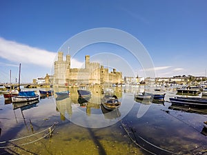 The skyline of Caernafon in Wales during high tide - United Kingdom