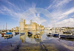 The skyline of Caernafon in Wales during high tide - United Kingdom