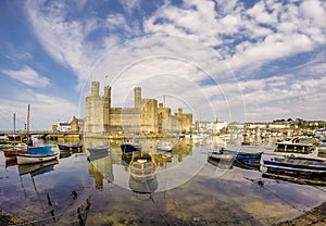 The skyline of Caernafon in Wales during high tide - United Kingdom