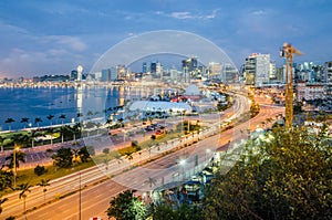 Skyline of capital city Luanda, Luanda bay and seaside promenade with highway during afternoon, Angola, Africa