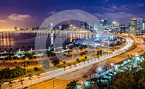 Skyline of capital city Luanda, Luanda bay and seaside promenade with highway during afternoon, Angola, Africa