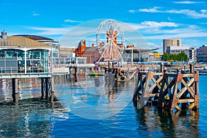 Skyline of Cardiff bay and Mermaid Quay in Wales, UK