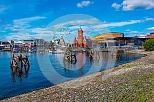 Skyline of Cardiff bay and Mermaid Quay in Wales, UK