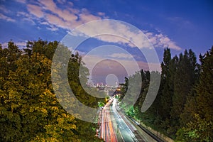 Skyline of central London after sunset from Holloway Bridge, UK photo