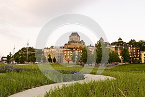 Skyline with Chateau Frontenac and Petit-Champlain sector seen from the Place des canotiers at dawn