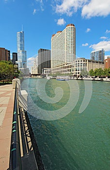 Skyline of Chicago, Illinois along the Chicago River vertical