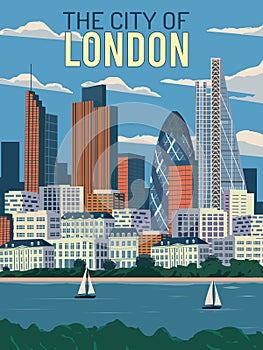 Skyline city of london united Kingdom from themes river illustration best for travel poster with vintage retro style