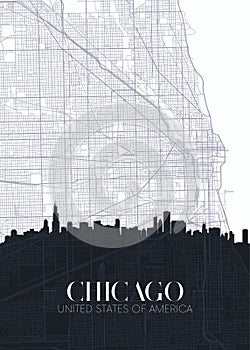 Skyline and city map of Chicago, detailed urban plan vector print poster