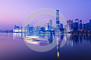 Skyline of city at night