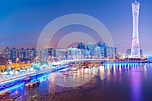 Skyline of city at night