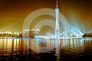 Skyline of city at night