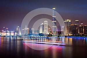 Skyline of city at night