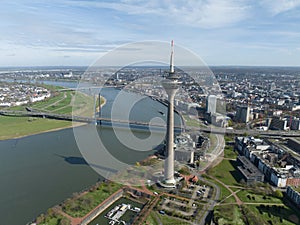 The skyline and city overview of Dusseldorf, capital of the German state of North Rhine-Westphalia. The Rheinturm, tv