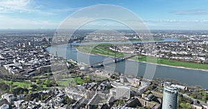 The skyline and city overview of Dusseldorf, capital of the German state of North Rhine-Westphalia. The Rheinturm, tv