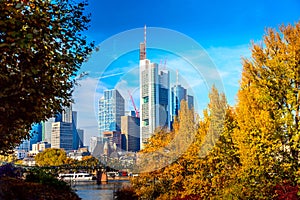 Skyline cityscape of Frankfurt, Germany with bridge and skyscrapers during sunny day in autumn. Frankfurt Main in a financial