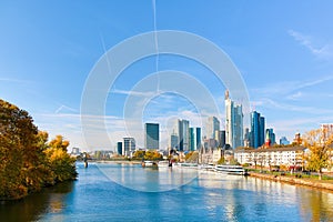 Skyline cityscape of Frankfurt, Germany during sunny day. Frankfurt Main in a financial capital of Europe