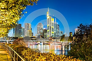 Skyline cityscape of Frankfurt, Germany during sunset. Frankfurt Main in a financial capital of Europe