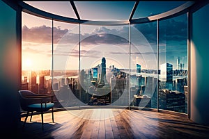 Skyline cityscape and view through window of luxury office high tower for business background concept. Generative AI