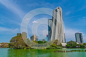 Skyline of Colombo behind South Beira lake, Sri Lanka