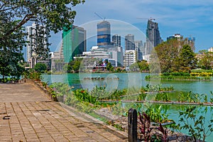 Skyline of Colombo behind South Beira lake, Sri Lanka