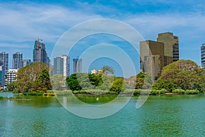 Skyline of Colombo behind South Beira lake, Sri Lanka