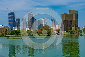 Skyline of Colombo behind South Beira lake, Sri Lanka