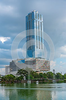 Skyline of Colombo behind South Beira lake, Sri Lanka