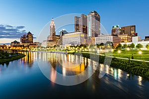 Skyline of Columbus, Ohio from Bicentennial Park bridge at Night