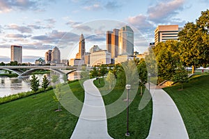 Skyline of Columbus, Ohio from Bicentennial Park bridge at Night