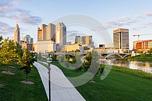 Skyline of Columbus, Ohio from Bicentennial Park bridge at Night